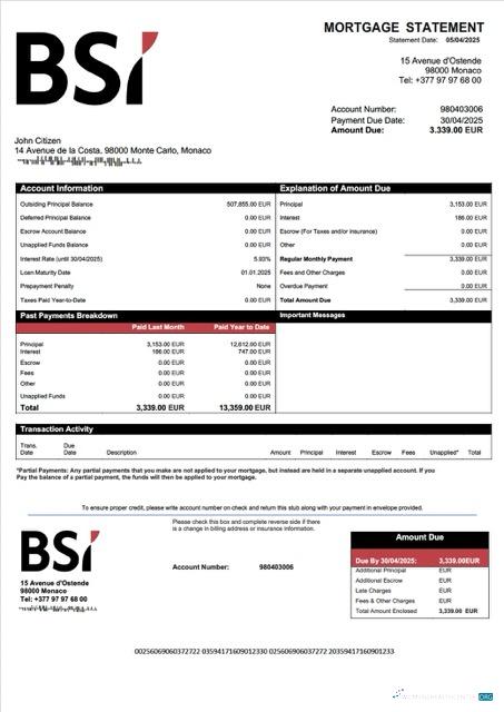 Download Monaco BSI Monaco mortgage statement Word and PDF template Photoshop template
